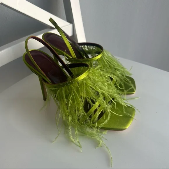 NWOT Staud Anise Feather-Trimmed Satin Heeled Sandals in Lime Green Size EU 36 - Picture 7 of 14